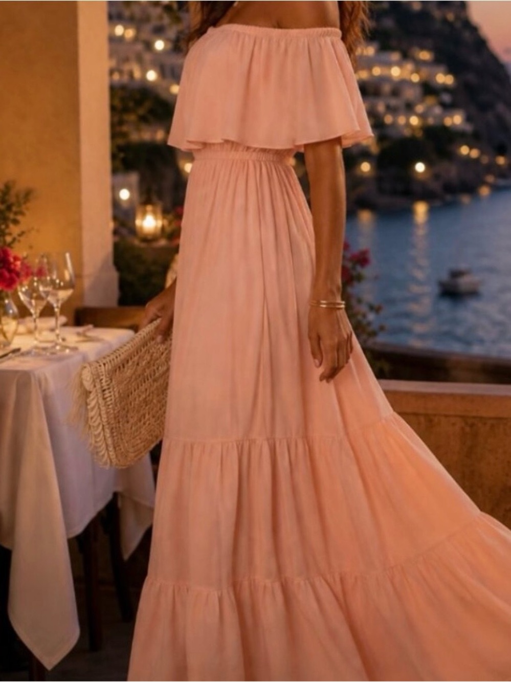 Venus Blush Pink Off Shoulder Maxi Dress Tiered Ruffle Size 12 Bridesmaid Boho - Picture 2 of 14